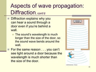 61
Aspects of wave propagation:
Diffraction, cont’d
 Diffraction explains why you
can hear a sound through a
door even if you’re behind a
wall.
 The sound’s wavelength is much
longer than the size of the door, so
the sound wave bends around the
wall.
 For the same reason . . . you can’t
see light around a door because the
wavelength is much shorter than
the size of the door.
 