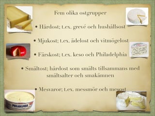 Fem olika ostgrupper
• Hårdost; t.ex. grevé och hushållsost


• Mjukost; t.ex. ädelost och vitmögelost
• Färskost; t.ex. keso och Philadelphia
• Smältost; hårdost som smälts tillsammans med
smältsalter och smakämnen
• Mesvaror; t.ex. messmör och mesost

 