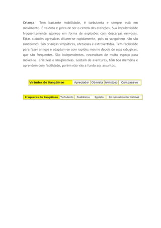 Criança - Tem bastante mobilidade, é turbulenta e sempre está em
movimento. É vaidosa e gosta de ser o centro das atenções. Sua impulsividade
frequentemente aparece em forma de explosões com descargas nervosas.
Estas atitudes agressivas diluem-se rapidamente, pois os sanguíneos não são
rancorosos. São crianças simpáticas, afetuosas e extrovertidas. Tem facilidade
para fazer amigos e adaptam-se com rapidez mesmo depois de suas rabugices,
que são frequentes. São independentes, necessitam de muito espaço para
mover-se. Criativas e imaginativas. Gostam de aventuras, têm boa memória e
aprendem com facilidade, porém não vão a fundo aos assuntos.
 
