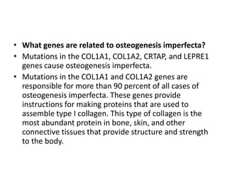 • What genes are related to osteogenesis imperfecta?
• Mutations in the COL1A1, COL1A2, CRTAP, and LEPRE1
genes cause osteogenesis imperfecta.
• Mutations in the COL1A1 and COL1A2 genes are
responsible for more than 90 percent of all cases of
osteogenesis imperfecta. These genes provide
instructions for making proteins that are used to
assemble type I collagen. This type of collagen is the
most abundant protein in bone, skin, and other
connective tissues that provide structure and strength
to the body.

 