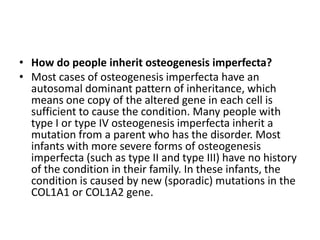 • How do people inherit osteogenesis imperfecta?
• Most cases of osteogenesis imperfecta have an
autosomal dominant pattern of inheritance, which
means one copy of the altered gene in each cell is
sufficient to cause the condition. Many people with
type I or type IV osteogenesis imperfecta inherit a
mutation from a parent who has the disorder. Most
infants with more severe forms of osteogenesis
imperfecta (such as type II and type III) have no history
of the condition in their family. In these infants, the
condition is caused by new (sporadic) mutations in the
COL1A1 or COL1A2 gene.

 