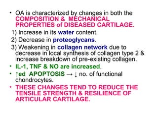 • OA is characterized by changes in both the
COMPOSITION & MECHANICAL
PROPERTIES of DISEASED CARTILAGE.
1) Increase in its water content.
2) Decrease in proteoglycans.
3) Weakening in collagen network due to
decrease in local synthesis of collagen type 2 &
increase breakdown of pre-existing collagen.
• IL-1, TNF & NO are increased.
• ↑ed APOPTOSIS → ↓ no. of functional
chondrocytes.
• THESE CHANGES TEND TO REDUCE THE
TENSILE STRENGTH & RESILIENCE OF
ARTICULAR CARTILAGE.
 
