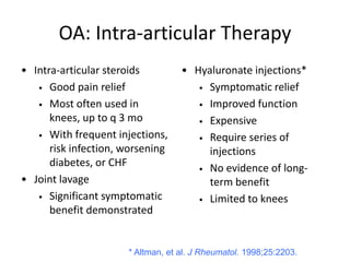 OA: Intra-articular Therapy
• Intra-articular steroids
• Good pain relief
• Most often used in
knees, up to q 3 mo
• With frequent injections,
risk infection, worsening
diabetes, or CHF
• Joint lavage
• Significant symptomatic
benefit demonstrated
• Hyaluronate injections*
• Symptomatic relief
• Improved function
• Expensive
• Require series of
injections
• No evidence of long-
term benefit
• Limited to knees
* Altman, et al. J Rheumatol. 1998;25:2203.
 