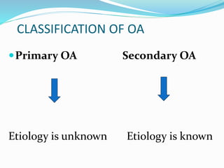 CLASSIFICATION OF OA
Primary OA Secondary OA
Etiology is unknown Etiology is known
 