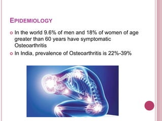 EPIDEMIOLOGY
 In the world 9.6% of men and 18% of women of age
greater than 60 years have symptomatic
Osteoarthritis
 In India, prevalence of Osteoarthritis is 22%-39%
 