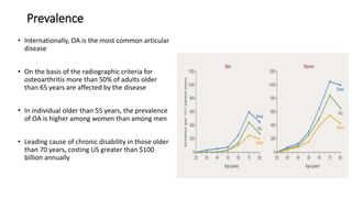 Prevalence
• Internationally, OA is the most common articular
disease
• On the basis of the radiographic criteria for
osteoarthritis more than 50% of adults older
than 65 years are affected by the disease
• In individual older than 55 years, the prevalence
of OA is higher among women than among men
• Leading cause of chronic disability in those older
than 70 years, costing US greater than $100
billion annually
 