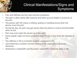 Clinical Manifestations/Signs and
Symptoms
• Pain and stiffness are the most common symptoms.
• The pain is often worse after exercise and when you put weight or pressure on
the joint.
• The person with OA notice a rubbing, grating or crackling sound when the
person move the joint.
• During the day, the pain may get worse when the person is active and feel better
when at rest.
• Pain may even wake the person up at the night.
• Some people might not have symptoms even though x-rays show the changes of
OA.
• The stiffness in OA is of shorter duration compared to RA.
• Joint deformity is another common finding in OA, especially as disease
advances.
• Herberden’s nodes(DIP) and Bouchard’ nodes(PIP) commonly seen in OA.
 