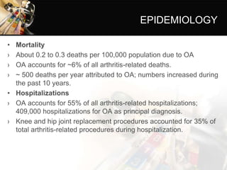 EPIDEMIOLOGY
• Mortality
› About 0.2 to 0.3 deaths per 100,000 population due to OA
› OA accounts for ~6% of all arthritis-related deaths.
› ~ 500 deaths per year attributed to OA; numbers increased during
the past 10 years.
• Hospitalizations
› OA accounts for 55% of all arthritis-related hospitalizations;
409,000 hospitalizations for OA as principal diagnosis.
› Knee and hip joint replacement procedures accounted for 35% of
total arthritis-related procedures during hospitalization.
 