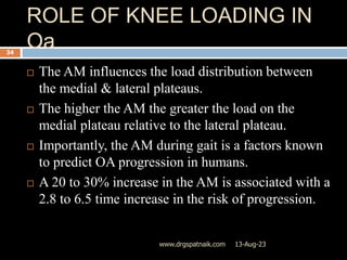 ROLE OF KNEE LOADING IN
Oa
13-Aug-23
www.drgspatnaik.com
34
 The AM influences the load distribution between
the medial & lateral plateaus.
 The higher the AM the greater the load on the
medial plateau relative to the lateral plateau.
 Importantly, the AM during gait is a factors known
to predict OA progression in humans.
 A 20 to 30% increase in the AM is associated with a
2.8 to 6.5 time increase in the risk of progression.
 