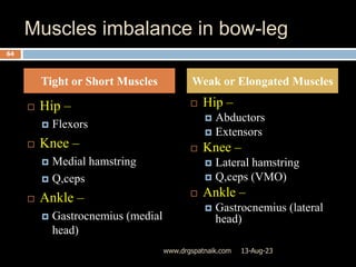 Muscles imbalance in bow-leg
 Hip –
 Flexors
 Knee –
 Medial hamstring
 Q,ceps
 Ankle –
 Gastrocnemius (medial
head)
 Hip –
 Abductors
 Extensors
 Knee –
 Lateral hamstring
 Q,ceps (VMO)
 Ankle –
 Gastrocnemius (lateral
head)
13-Aug-23
64
www.drgspatnaik.com
Tight or Short Muscles Weak or Elongated Muscles
 