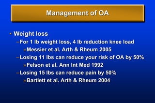 Management of OA
• Weight loss
–For 1 lb weight loss, 4 lb reduction knee load
»Messier et al. Arth & Rheum 2005
–Losing 11 lbs can reduce your risk of OA by 50%
»Felson et al. Ann Int Med 1992
–Losing 15 lbs can reduce pain by 50%
»Bartlett et al. Arth & Rheum 2004
 