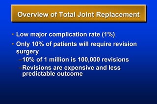Overview of Total Joint Replacement
• Low major complication rate (1%)
• Only 10% of patients will require revision
surgery
–10% of 1 million is 100,000 revisions
–Revisions are expensive and less
predictable outcome
 