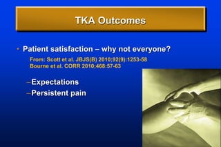 TKA Outcomes
• Patient satisfaction – why not everyone?
–Expectations
–Persistent pain
From: Scott et al. JBJS(B) 2010;92(9):1253-58
Bourne et al. CORR 2010;468:57-63
 