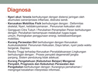 Diagnosa
• Nyeri akut / kronis berhubungan dengan distensi jaringan oleh
akumulasi cairan/proses inflamasi, distruksi sendi.
• Kerusakan Mobilitas Fisik berhubungan dengan : Deformitas
skeletal, Nyeri, ketidaknyamanan , Penurunan kekuatan otot
• Gangguan Citra Tubuh / Perubahan Penampilan Peran berhubungan
dengan: Perubahan kemampuan melakukan tugas-tugas
umum, Peningkatan penggunaan energi, ketidakseimbangan
mobilitas.
• Kurang Perawatan Diri berhubungan dengan Kerusakan
Auskuloskeletal: Penurunan Kekuatan, Daya tahan, nyeri pada waktu
bergerak, Depresi.
• Resiko Tinggi terhadap Kerusakan Penatalaksanaan Lingkungan
berhubungan dengan : Proses penyakit degeneratif jangka
panjang, Sistem pendukung tidak adekuat.
• Kurang Pengetahuan (Kebutuhan Belajar) Mengenai
Penyakit, Prognosis dan Kebutuhan Perawatan dan
Pengobatan berhubungan dengan: Kurangnya pemahaman /
mengingat kesalahan interpretasi informasi.
 