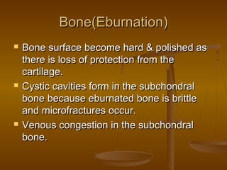 Bone(Eburnation)
   Bone surface become hard & polished as
    there is loss of protection from the
    cartilage.
   Cystic cavities form in the subchondral
    bone because eburnated bone is brittle
    and microfractures occur.
   Venous congestion in the subchondral
    bone.
 