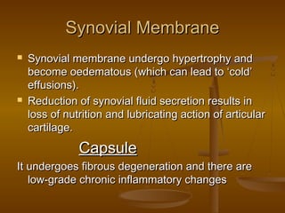 Synovial Membrane
   Synovial membrane undergo hypertrophy and
    become oedematous (which can lead to ‘cold’
    effusions).
   Reduction of synovial fluid secretion results in
    loss of nutrition and lubricating action of articular
    cartilage.
               Capsule
It undergoes fibrous degeneration and there are
   low-grade chronic inflammatory changes
 