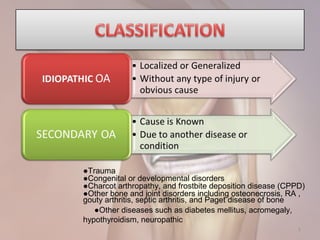 5
●Trauma
●Congenital or developmental disorders
●Charcot arthropathy, and frostbite deposition disease (CPPD)
●Other bone and joint disorders including osteonecrosis, RA ,
gouty arthritis, septic arthritis, and Paget disease of bone
●Other diseases such as diabetes mellitus, acromegaly,
hypothyroidism, neuropathic
 
