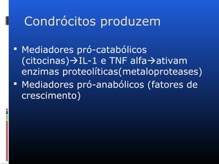 Condrócitos produzem
 Mediadores pró-catabólicos
(citocinas)IL-1 e TNF alfaativam
enzimas proteolíticas(metaloproteases)
 Mediadores pró-anabólicos (fatores de
crescimento)
 