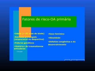 v o l t a r a v a n ç a ri n í c i o
13/9/2005
Fatores de risco-OA primária
•Idade (> 50 anos de idade)
•Estresse prolongado
(ocupacional ou desportivo)
•Fatores genéticos
•Histórico de traumatismos
articulares
•Sexo feminino
•Obesidade
•Defeitos congênitos e do
desenvolvimento
 