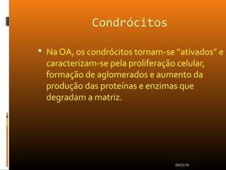 Condrócitos
 Na OA, os condrócitos tornam-se “ativados” e
caracterizam-se pela proliferação celular,
formação de aglomerados e aumento da
produção das proteínas e enzimas que
degradam a matriz.
06/03/16
 