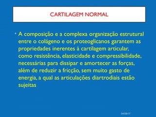 CARTILAGEM NORMAL
• A composição e a complexa organização estrutural
entre o colágeno e os proteoglicanos garantem as
propriedades inerentes à cartilagem articular,
como resistência, elasticidade e compressibilidade,
necessárias para dissipar e amortecer as forças,
além de reduzir a fricção, sem muito gasto de
energia, a qual as articulações diartrodiais estão
sujeitas
04/09/17
 