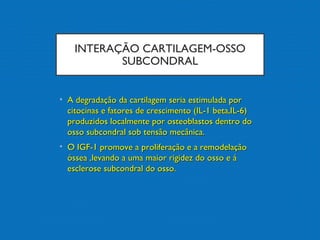 INTERAÇÃO CARTILAGEM-OSSO
SUBCONDRAL
• A degradação da cartilagem seria estimulada porA degradação da cartilagem seria estimulada por
citocinas e fatores de crescimento (IL-1 beta,IL-6)citocinas e fatores de crescimento (IL-1 beta,IL-6)
produzidos localmente por osteoblastos dentro doproduzidos localmente por osteoblastos dentro do
osso subcondral sob tensão mecânica.osso subcondral sob tensão mecânica.
• O IGF-1 promove a proliferação e a remodelaçãoO IGF-1 promove a proliferação e a remodelação
óssea ,levando a uma maior rigidez do osso e áóssea ,levando a uma maior rigidez do osso e á
esclerose subcondral do osso.esclerose subcondral do osso.
 