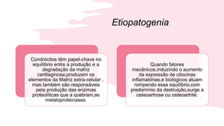 Etiopatogenia
Condrócitos têm papel-chave no
equilíbrio entre a produção e a
degradação da matriz
cartilaginosa;produzem os
elementos da Matriz extra-celular ,
mas também são responsáveis
pela produção das enzimas
proteolíticas que a quebram,as
metaloproteinases.
Quando fatores
mecânicos,induzindo o aumento
da expressão de citocinas
inflamatórias,e biológicos atuam
rompendo esse equilíbrio,com
predomínio da destruição,surge a
osteoartrose ou osteoartrite.
 