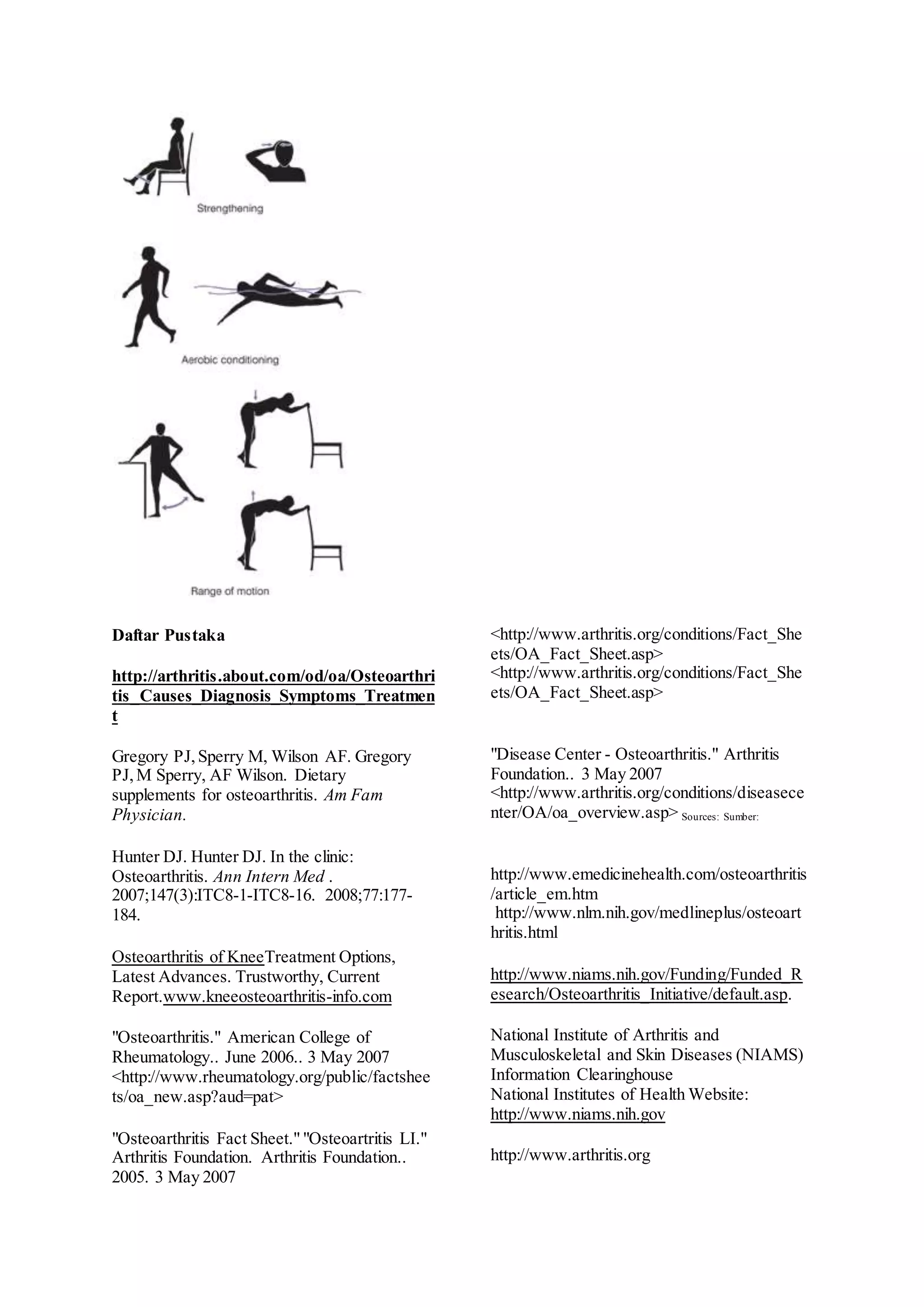 Daftar Pustaka
http://arthritis.about.com/od/oa/Osteoarthri
tis_Causes_Diagnosis_Symptoms_Treatmen
t
Gregory PJ, Sperry M, Wilson AF. Gregory
PJ,M Sperry, AF Wilson. Dietary
supplements for osteoarthritis. Am Fam
Physician.
Hunter DJ. Hunter DJ. In the clinic:
Osteoarthritis. Ann Intern Med .
2007;147(3):ITC8-1-ITC8-16. 2008;77:177-
184.
Osteoarthritis of KneeTreatment Options,
Latest Advances. Trustworthy, Current
Report.www.kneeosteoarthritis-info.com
"Osteoarthritis." American College of
Rheumatology.. June 2006.. 3 May 2007
<http://www.rheumatology.org/public/factshee
ts/oa_new.asp?aud=pat>
"Osteoarthritis Fact Sheet.""Osteoartritis LI."
Arthritis Foundation. Arthritis Foundation..
2005. 3 May 2007
<http://www.arthritis.org/conditions/Fact_She
ets/OA_Fact_Sheet.asp>
<http://www.arthritis.org/conditions/Fact_She
ets/OA_Fact_Sheet.asp>
"Disease Center - Osteoarthritis." Arthritis
Foundation.. 3 May 2007
<http://www.arthritis.org/conditions/diseasece
nter/OA/oa_overview.asp> Sources: Sumber:
http://www.emedicinehealth.com/osteoarthritis
/article_em.htm
http://www.nlm.nih.gov/medlineplus/osteoart
hritis.html
http://www.niams.nih.gov/Funding/Funded_R
esearch/Osteoarthritis_Initiative/default.asp.
National Institute of Arthritis and
Musculoskeletal and Skin Diseases (NIAMS)
Information Clearinghouse
National Institutes of Health Website:
http://www.niams.nih.gov
http://www.arthritis.org
 