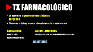 TX FARMACOLÓGICO
• De acuerdo a la gravedad de los síntomas
ENFOCADO
• Disminuir el dolor y mejorar el movimiento de la articulación.
ANALGESICOS ANTIINFLAMATORIOS
PARECETAMOL ÁCIDO ACETILSALICÍLICO, IBUPROFENO Y NAPROXENO.
CLONIXINATO DE LISINA
RANITIDINA
 