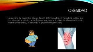 OBESIDAD
• La mayoría de pacientes obesos tienen deformidades en varo de la rodilla, que
producen un aumento de las fuerzas reactivas articulares en el compartimento
interno de la rodilla, acelerando el proceso degenerativo
 
