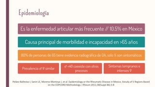♂ ♀
♂
♀
Peláez-Ballestas I, Sanin LE, Moreno-Montoya J, et al. Epidemiology or the Rheumatic Disease in Mexico. Astudy of 5 Regions Based
on the COPCORD Methodology. J Rheum 2011;38(Suppl 86):3-8
 