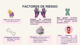 FACTORES DE RIESGO
Edad: es el factor de riesgo
más fuerte para OA.
Obesidad: aumenta la carga en
las articulaciones que
soportan peso (caderas,
rodillas, tobillos).
Propiedades mecánicas
del hueso: densidad
mineral ósea.
Sexo femenino: la
enfermedad es más
común en las mujeres que
en los hombres; se ha
involucrado el papel de los
estrógenos.
Lesiones de estructuras
periarticulares: el daño del tejido
óseo o cartilaginoso alrededor de
la articulación
Base genética (arcOGEN)
Consortium” han identificado más
de 10 segmentos génicos
asociados con OA.
 