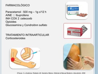 FARMACOLÓGICO
Paracetamol : 500 mg – 1g c/12 h
AINE ::: Ibuprofeno
INH COX 2 :celecoxib
Opioides
Glucosamina y Condroitinn sulfato
TRATAMIENTO INTRAARTICULAR
Corticosteroides
D'Hyver, C y Gutiérrez- Robledo LM. Geriatría. México. Editorial el Manual Moderno ,2da edición, 2009
 