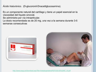 Ácido hialurónico. (D-glucoronil-Dnacetilglucosamina).
Es un componente natural del cartílago y tiene un papel esencial en la
viscosidad del líquido sinovial.
Se administra por vía intraarticular.
La dosis recomendada es de 20 mg, una vez a la semana durante 3-5
semanas consecutivas
http://www.segg.es/download.asp?file=/tratadogeriatria/PDF/S35-05%2067_III.pdf
 