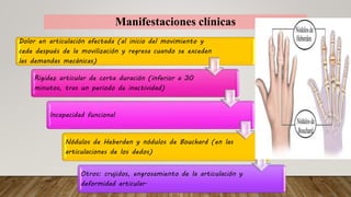 Manifestaciones clínicas
Dolor en articulación afectada (al inicio del movimiento y
cede después de la movilización y regresa cuando se exceden
las demandas mecánicas)
Rigidez articular de corta duración (inferior a 30
minutos, tras un periodo de inactividad)
Incapacidad funcional
Nódulos de Heberden y nódulos de Bouchard (en las
articulaciones de los dedos)
Otros: crujidos, engrosamiento de la articulación y
deformidad articular.
 