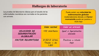Las pruebas de laboratorio clásicas para el estudio de las
enfermedades reumáticas son normales en los pacientes
con artrosis.
Hallazgos de laboratorio
Puede existir una velocidad de
sedimentación globular
moderadamente elevada y el factor
reumatoide puede ser positivo a
título bajo
Valor normal Valor en artrosis
VELOCIDAD DE
SEDIMENTACIÓN
GLOBULAR
<10 mm/hora Igual o ligeramente
elevada
FACTOR REUMATOIDE 0-50.0 U/mL
Titulo: ≤ de
1:80
Positivo a titulo
bajo
 