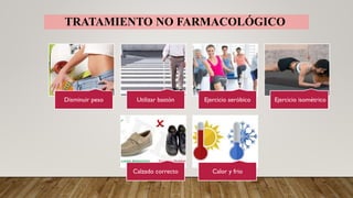 TRATAMIENTO NO FARMACOLÓGICO
Disminuir peso Utilizar bastón Ejercicio aeróbico Ejercicio isométrico
Calzado correcto Calor y frio
 