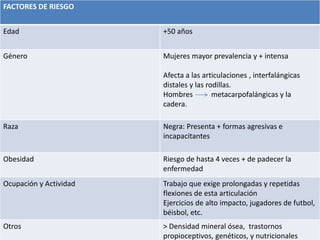 FACTORES DE RIESGO
Edad +50 años
Género Mujeres mayor prevalencia y + intensa
Afecta a las articulaciones , interfalángicas
distales y las rodillas.
Hombres metacarpofalángicas y la
cadera.
Raza Negra: Presenta + formas agresivas e
incapacitantes
Obesidad Riesgo de hasta 4 veces + de padecer la
enfermedad
Ocupación y Actividad Trabajo que exige prolongadas y repetidas
flexiones de esta articulación
Ejercicios de alto impacto, jugadores de futbol,
béisbol, etc.
Otros > Densidad mineral ósea, trastornos
propioceptivos, genéticos, y nutricionales
 