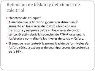 Retención de fosfato y deficiencia de
calcitriol
 “hipotesis del trueque”

A medida que la filtración glomerular disminuia
aumento en los niveles de fosforo sérico con una
transitoria y recíproca caída en los niveles de calcio
sérico. estimularia la secreción de PTH ocasionaria
fosfaturia y normalizaría los niveles de calcio y fósforo.
 El trueque resultante la normalización de los niveles de
fosforo sérico a expensas de una hipersecreción sostenida
de la PTH.

 