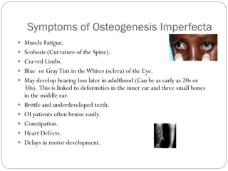 Symptoms of Osteogenesis Imperfecta
 Muscle Fatigue.
 Scoliosis (Curvature of the Spine).
 Curved Limbs.
 Blue or GrayTint in theWhites (sclera) of the Eye.
 May develop hearing loss later in adulthood (Can be as early as 20s or
30s). This is linked to deformities in the inner ear and three small bones
in the middle ear.
 Brittle and underdeveloped teeth.
 OI patients often bruise easily.
 Constipation.
 Heart Defects.
 Delays in motor development.
 