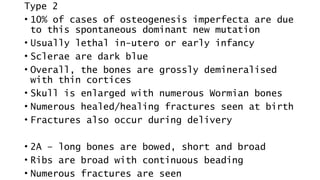 Type 2
• 10% of cases of osteogenesis imperfecta are due
to this spontaneous dominant new mutation
• Usually lethal in-utero or early infancy
• Sclerae are dark blue
• Overall, the bones are grossly demineralised
with thin cortices
• Skull is enlarged with numerous Wormian bones
• Numerous healed/healing fractures seen at birth
• Fractures also occur during delivery
• 2A – long bones are bowed, short and broad
• Ribs are broad with continuous beading
• Numerous fractures are seen
 