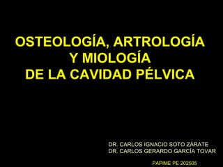 OSTEOLOGÍA, ARTROLOGÍA
       Y MIOLOGÍA
 DE LA CAVIDAD PÉLVICA



          DR. CARLOS IGNACIO SOTO ZÁRATE
          DR. CARLOS GERARDO GARCÍA TOVAR

                      PAPIME PE 202505
 