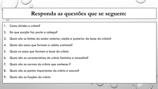 Responda as questões que se seguem:
1. Como divides o crânio?
2. Em que porção faz parte a cabeça?
3. Quais são os limites do andar anterior, medio e posterior da base do crânio?
4. Quais são ossos que formam a calota craniana?
5. Quais os ossos que formam a base do crânio
6. Quais são as características do crânio feminino e masculino?
7. Quais são as normas do crânio que conheces ?
8. Quais são os pontos importantes do crânio e suturas?
9. Quais são as funções do crânio
 