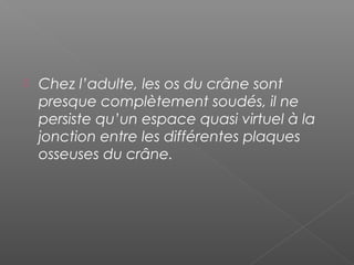  Chez l’adulte, les os du crâne sont
presque complètement soudés, il ne
persiste qu’un espace quasi virtuel à la
jonction entre les différentes plaques
osseuses du crâne. 
 