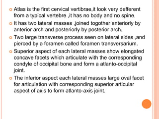  Atlas is the first cervical vertibrae,it look very defferent
from a typical vertebre ,it has no body and no spine.
 It has two lateral masses ,joined togother anteriorly by
anterior arch and posteriorly by posterior arch.
 Two large transverse process seen on lateral sides ,and
pierced by a foramen called foramen transversarium.
 Superior aspect of each lateral masses show elongated
concave facets which articulate with the corresponding
condyle of occipital bone and form a atlanto-occipital
joint.
 The inferior aspect each lateral masses large oval facet
for articulation with corresponding superior articular
aspect of axis to form atlanto-axis joint.
 