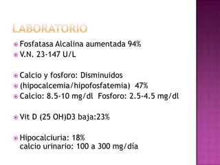  Fosfatasa Alcalina aumentada 94%
 V.N. 23-147 U/L


 Calcio y fosforo: Disminuidos
 (hipocalcemia/hipofosfatemia) 47%
 Calcio: 8.5-10 mg/dl Fosforo: 2.5-4.5 mg/dl


 Vit   D (25 OH)D3 baja:23%

 Hipocalciuria:18%
 calcio urinario: 100 a 300 mg/día
 