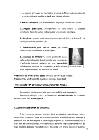 • ou quando a infecção for na metáfise proximal do fêmur onde normalmente
          a zona metafisária localiza-se dentro da cápsula articular.


       2. Fratura patológica, que ocorre devido a fragilização da estrutura óssea.


       3.Luxações     patológicas,     principalmente    na   coxo-femoral.   A   pressão
       intrarticular da artrite séptica pode provocar uma luxação patológica.


       4. Anquilose, também mais comum na coxo-femoral devido a destruição da
       cartilagem articular pela infecção.


       5. Disseminação para tecidos moles, produzindo
       tenossinovite, tromboflebite e artrite séptica.


       6. Abscesso de BRODIE(fig.), ocorre geralmente após o
       tratamento inadequado da osteomielite, que evolui para a
       cronificação (trata-se portanto, de uma osteomielite
       crônica característica). Há uma diferença de localização Abcesso de Brodie
       entre seqüestro ósseo e o abscesso de Brodie:


O abscesso de Brodie é intra ósseo e localiza-se entre duas corticais.
O seqüestro é um fragmento ósseo que se isolou da cortical.


TRATAMENTO DA OSTEMIELITE HEMATOGENICA AGUDA


       Em princípio o tratamento inicial nas primeiras 24hs será conservador.
       Tratamento cirúrgico quando apresentar um seqüestro ósseo ou complicar
evoluindo para uma artrite séptica.




1. ANTIBIOTICOTERAPIA DE URGÊNCIA


       É importante o tratamento imediato. Uma vez obtido o material para cultura,
hemocultura ou punção óssea, inicia-se imediatamente a antibioticoterapia. O tempo é
essencial. Não se deve esperar a identificação do germe ou sua sensibilidade para o
início com da antibioticoterapia. Deve ser iniciada de forma empírica com antibiótico de
largo espectro, baseada na probabilidade, de acordo com a faixa etária (ver quadro),
                                                                                            18
 