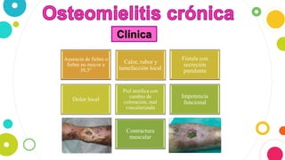 Clínica
Ausencia de fiebre o
fiebre no mayor a
38,5°
Calor, rubor y
tumefacción local.
Fistula con
secreción
purulenta
Dolor local
Piel atrófica con
cambio de
coloración, mal
vascularizada
Impotencia
funcional
Contractura
muscular
 