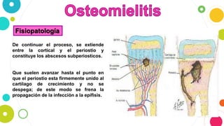 Fisiopatología
De continuar el proceso, se extiende
entre la cortical y el periostio y
constituye los abscesos subperiosticos.
Que suelen avanzar hasta el punto en
que el periostio esta firmemente unido al
cartílago de crecimiento y no se
despega; de este modo se frena la
propagación de la infección a la epífisis.
 