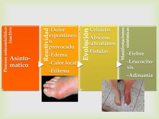 -Dolor
                                              -Absceso-Celulitis
Proceso osteomielitico




                                                                         sistémicas
             inactivo




                                                                    Manifestaciones
                         Reactividad




                                                 Evolución
                                  espontáneo
                                  o                    subcutáneo
                                  provocado
                                                       -Fístulas              -Fiebre
                                  -Edema
              Asinto-                                                         -Leucocito-
              matico              -Calor local
                                                                              sis
                                  -Eritema
                                                                              -Adinamia
 